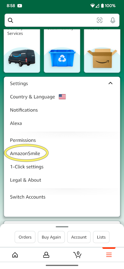 AmazonSmile mobile app selection